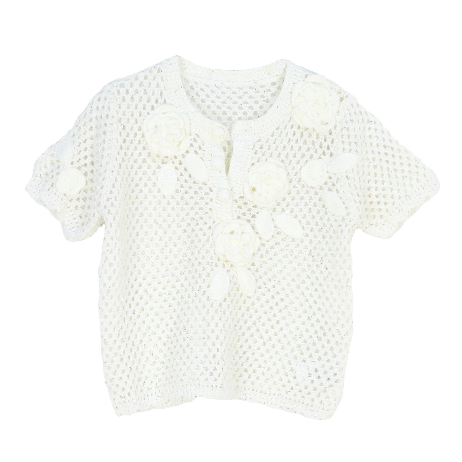 

Французский кардиган женский с V-образным вырезом, вязаный крючком, ажурный: Свободный, Расслабленный стиль, Короткий рукав, Тонкий пуловер Small