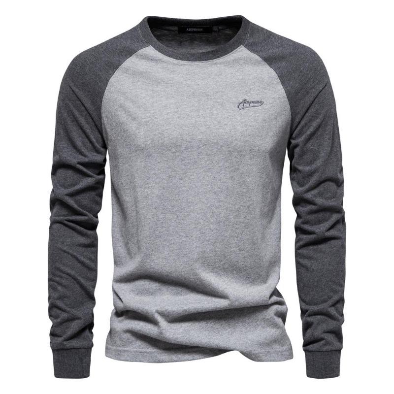 T-shirt da uomo 100% Cotone Manica Lunga Girocollo Patchwork Casual T-shirt per Uomo