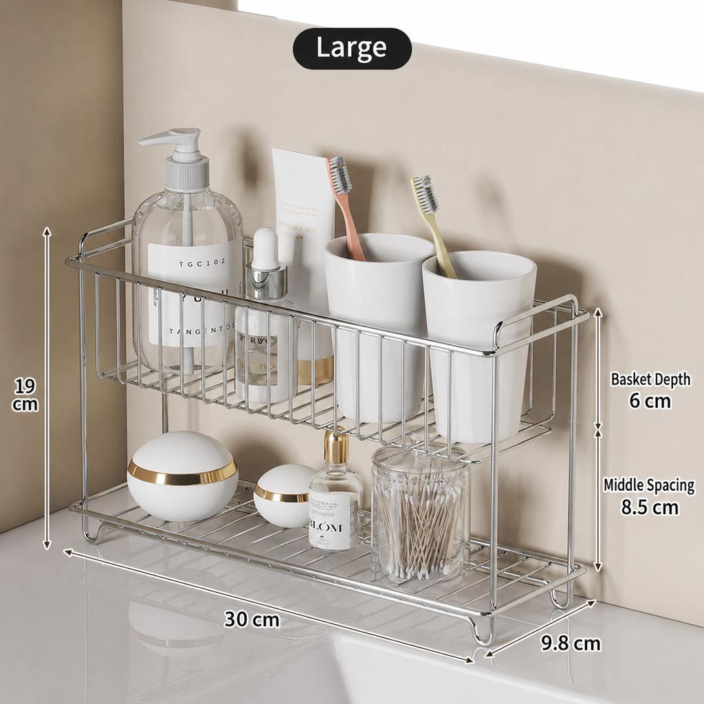 Double Layer Stainless Steel Kitchen Dish Drying Rack Countertop Storage Basket Bathroom Cosmetic Organizer