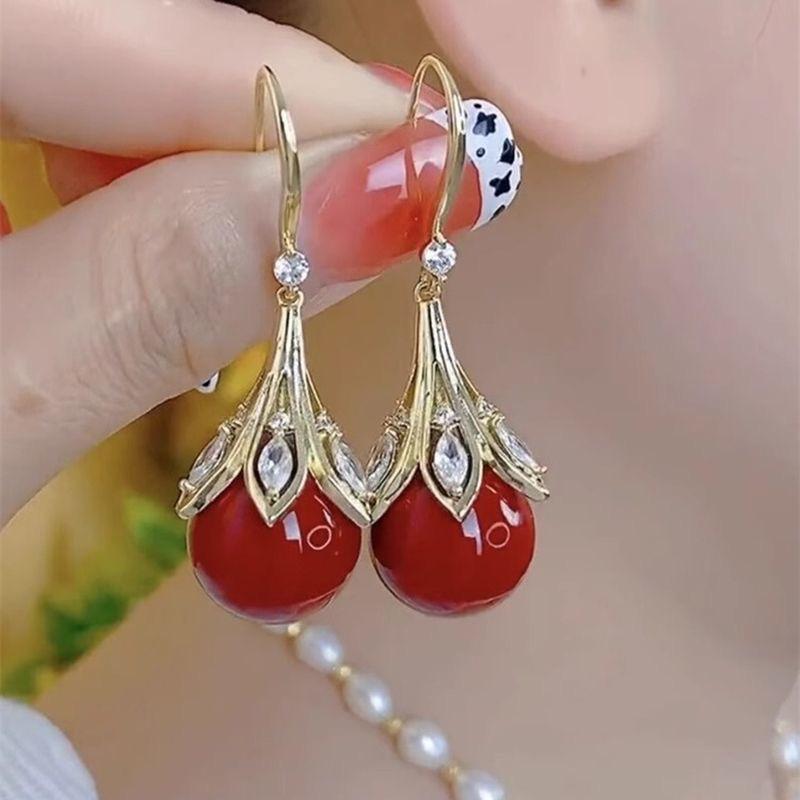 Light Luxury Full of Diamonds Festive Red Small Fragrant Earrings Women's High-end Bead Ear Hooks New Year's Wear Fashion Trendy Earrings