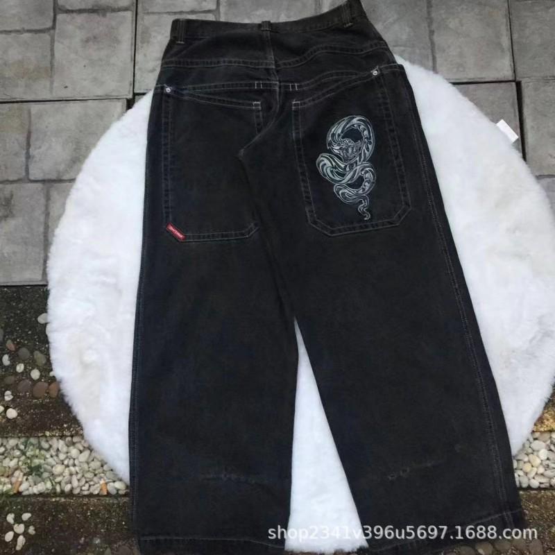 Mens Y2K Hip Hop Wide Leg Straight Fit Denim Jeans - Washed Cotton Loose Streetwear Style