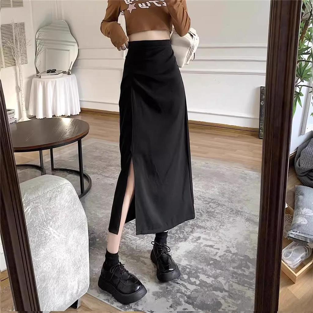 High Waist Slimming A-Line Midi Skirt with Slit - Korean Style Bodycon In Black