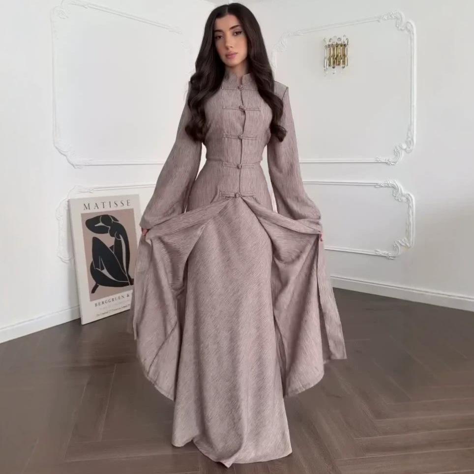 Spring and Autumn New European, American Amazon Cross-border Stand-up Collar Chinese Button Long Jacket Dress Set