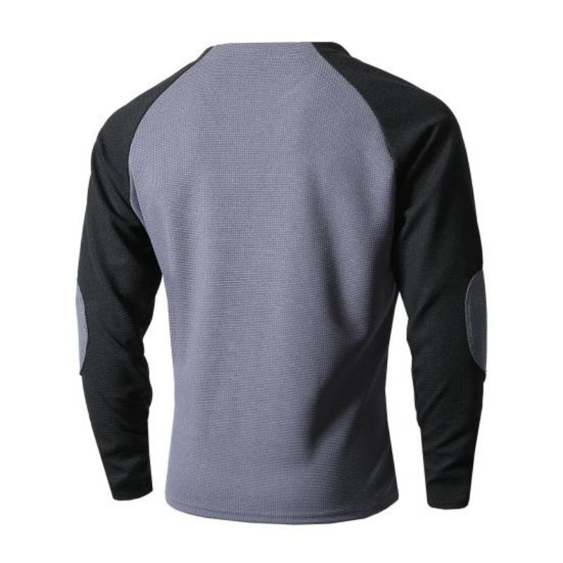 Spring Fall Men Top Regular Fit Colorblocked Long-Sleeve T-Shirt Buttoned Round Neck Patch Decor Casual Sports Parties T-shirt