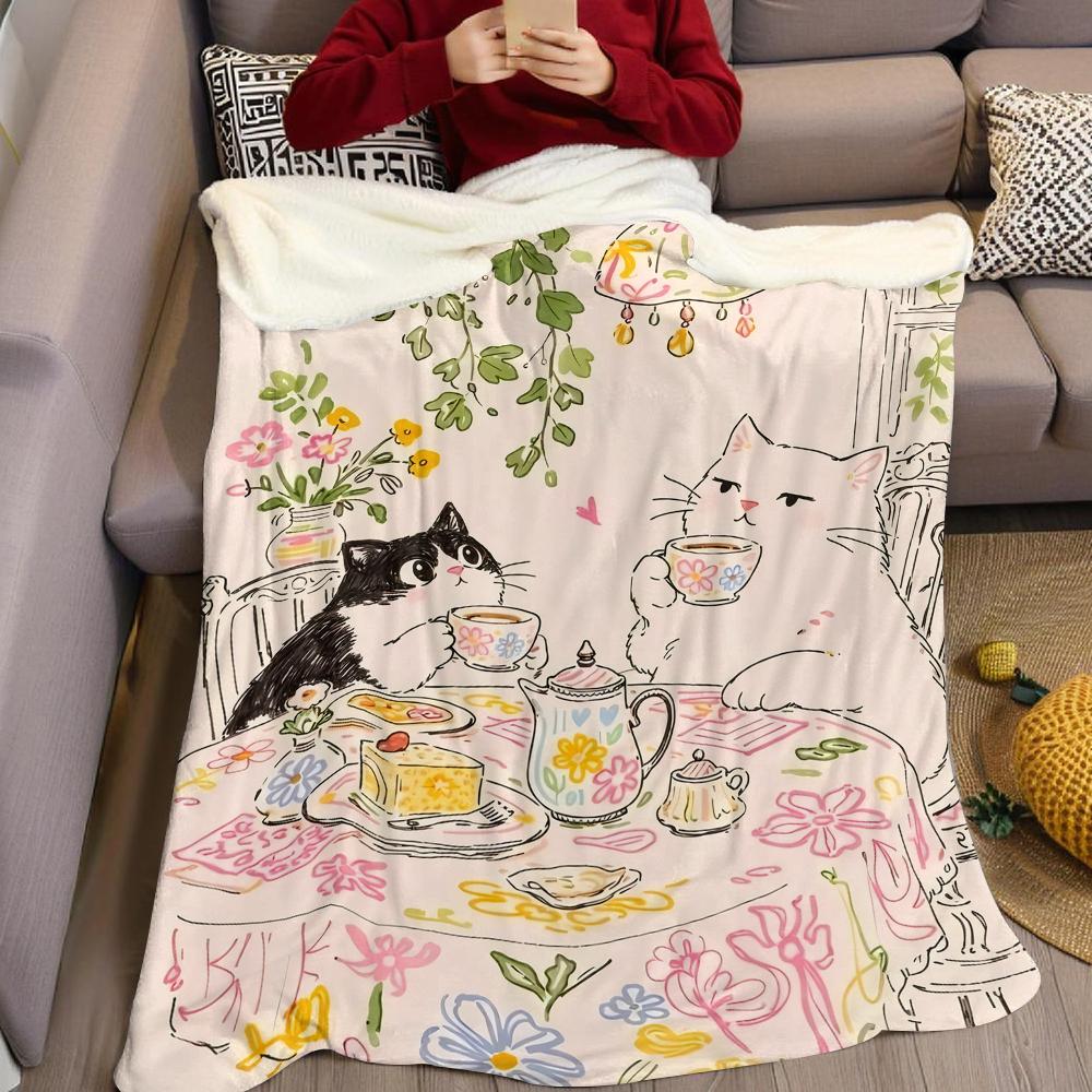 Tea Cats Flannel Blanket Warm Soft Halloween Christmas Couch Warm Cozy Decorative Decor Gift for All Season