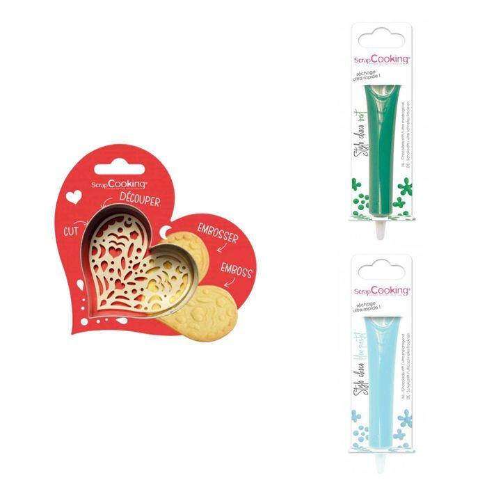 Kit pour biscuit en relief Coeur + 2 Stylos au chocolat vert et bleu pastel