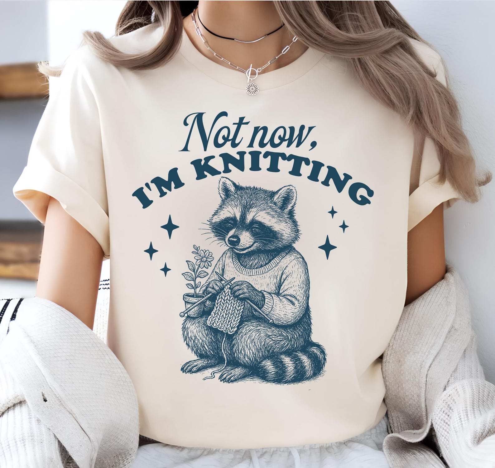 Not Now I m Knitting Shirt, Funny Raccoon Shirt, Sarcastic Shirt, Meme Shirt, Cute Raccoon Knitting Shirt, Knitter Gift T-Shirt L