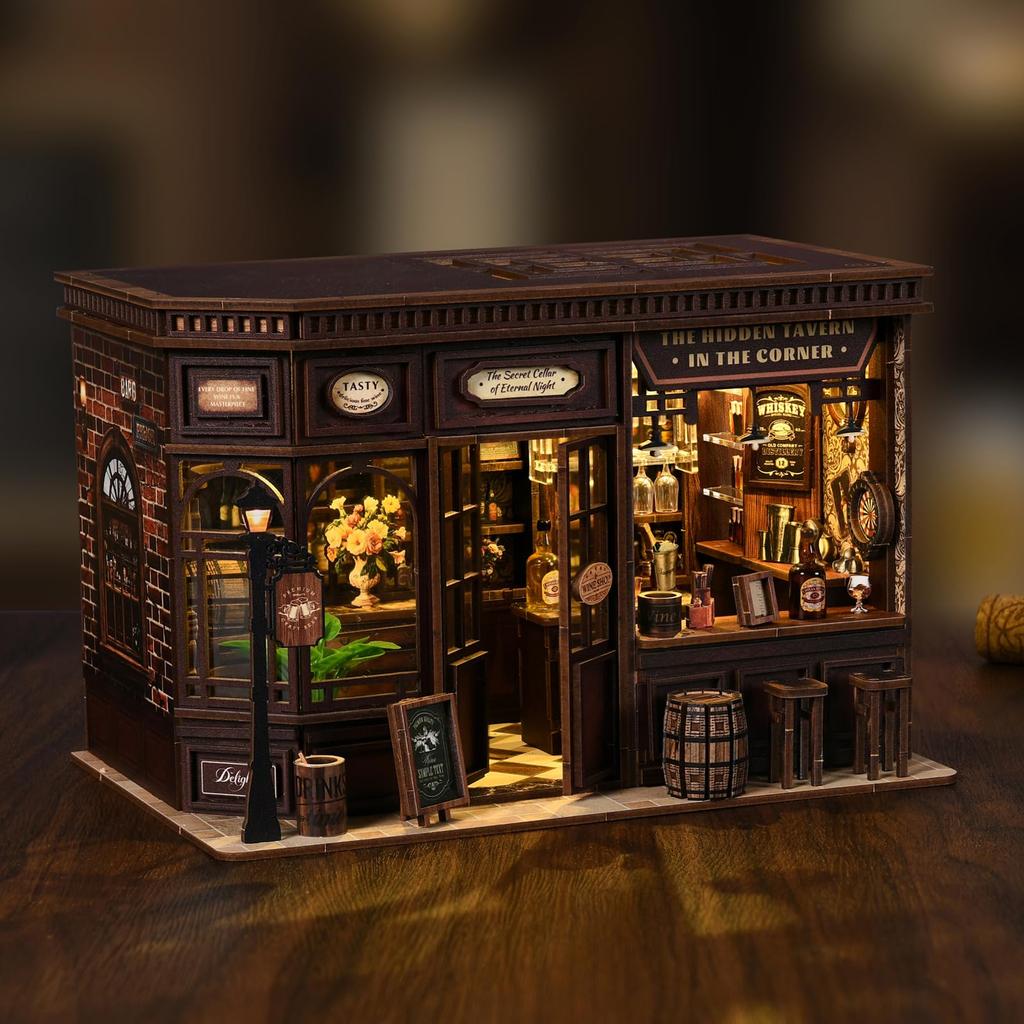 QmXCyzl DIY Dollhouse Miniature Kit for Beginners, Furniture, Room Decoration, 3D Hobby, Architectural Model, Dust Cover Not Included (Corner Tavern)