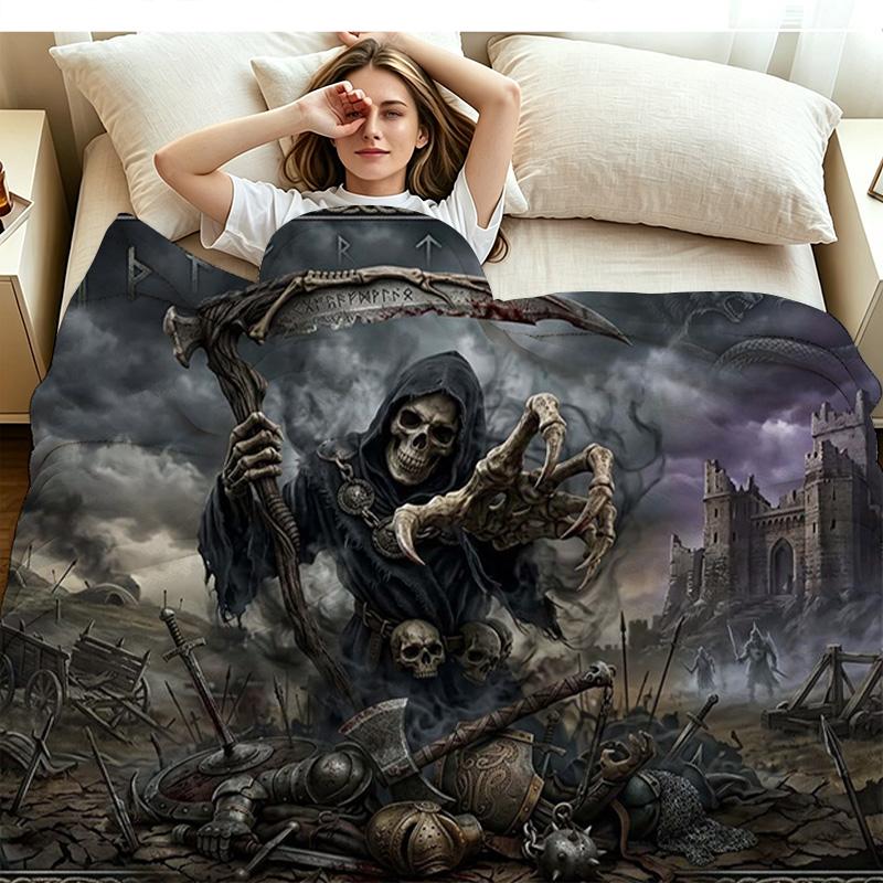 Dark Grim Reaper Print Flannel Blanket High Quality Warm Comfortable Cover for All Seasons Perfect for Gifts Home Decor