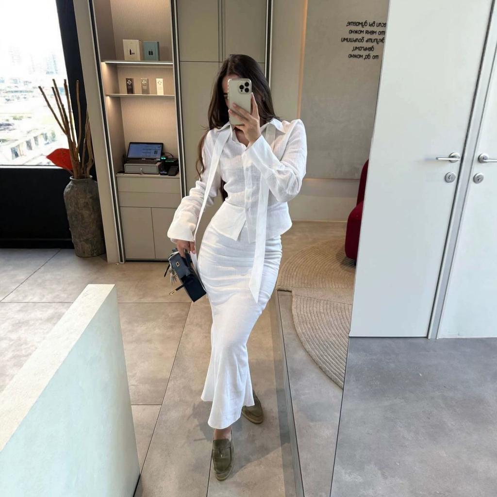 European and American Amazon Women's Clothing New Temperament Commuter Style Lace-up Lapel Long-sleeved Shirt Slim-fitting Long Skirt Set
