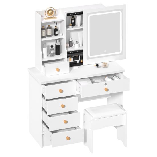 Schminktisch mit einstellbarer 3-Farben-Helligkeitsanpassung, verschiebbarem beleuchtetem Spiegel, Frisiertisch-Set mit 6 Schubladen und mehreren versteckten Ablageregalen