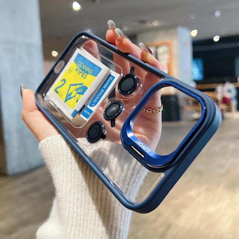 Clear Lens Metal Ring Stand Phone Case For IPhone 16 15 14 13 12 11 Pro Max Plus Camera Glass Protection Transparent Cover