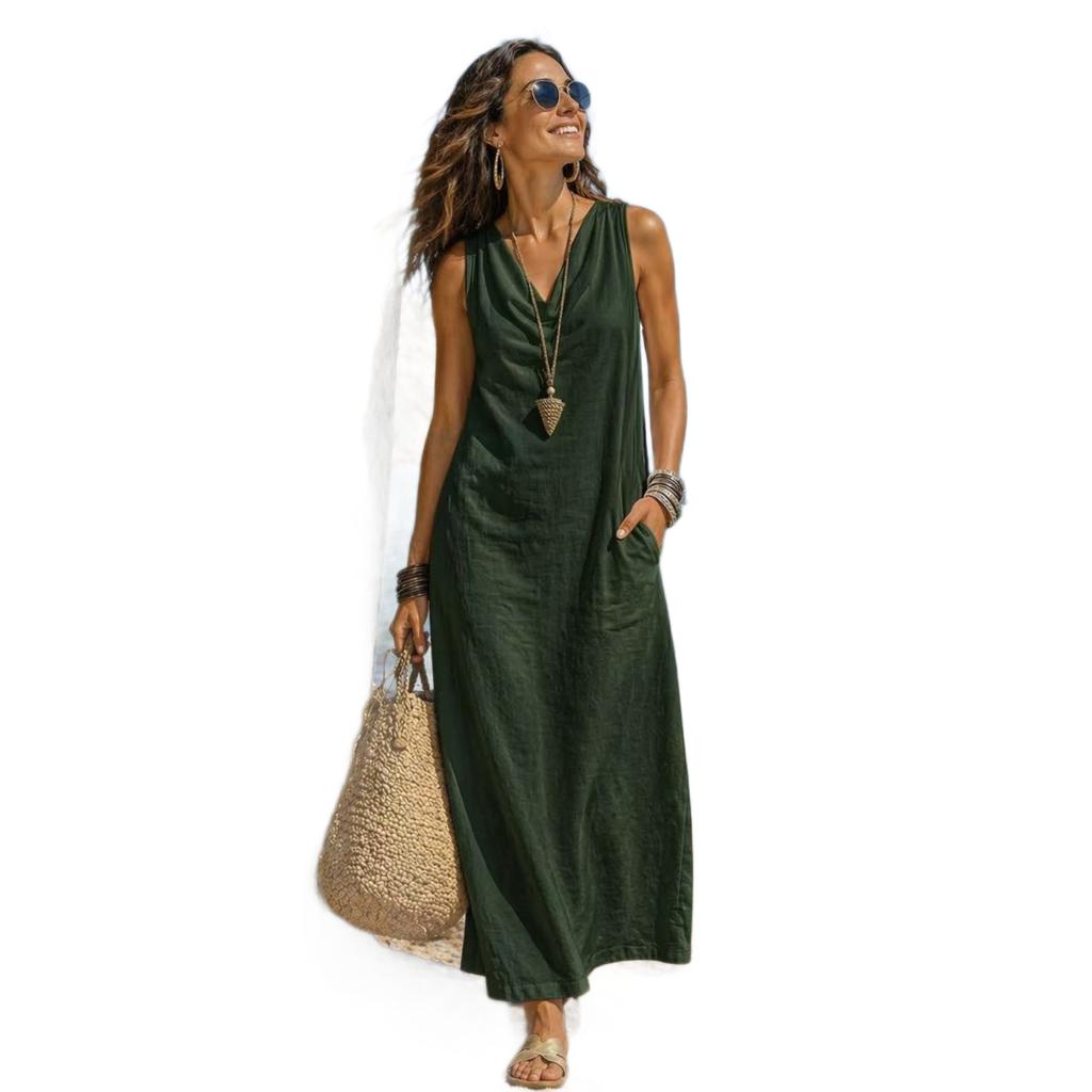 2026 Summer European and American New Sleeveless V-neck Cotton and Linen Long Dress Beach Vacation Style Solid Color Dress