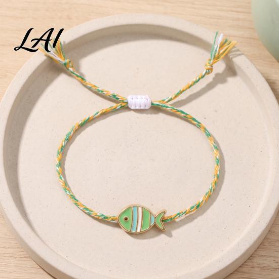 Colorful Striped Rope Bracelet Small Fish Handmade Braided Bracelet Boho Cute Woven Summer Beach Wrist Accessories String Adjustable Wristband