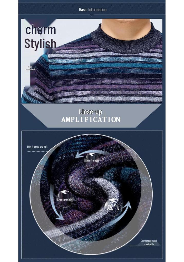 Men's Winter Thick Cashmere Sweater - Round Neck Business Casual Striped Merino Wool Knitwear.