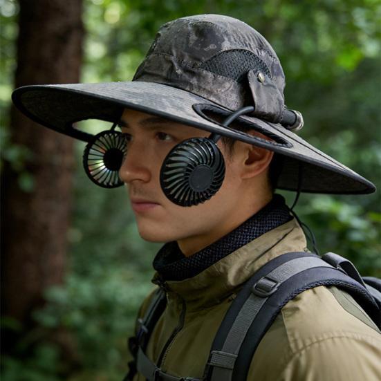 Chapeau Bob Double Ventilateur 2-en-1 Casquette Rafraîchissante avec Ventilateurs Amovibles Rechargeables par USB Pales Phosphorescentes Vitesse Réglable Chapeau de Soleil à Large Bord