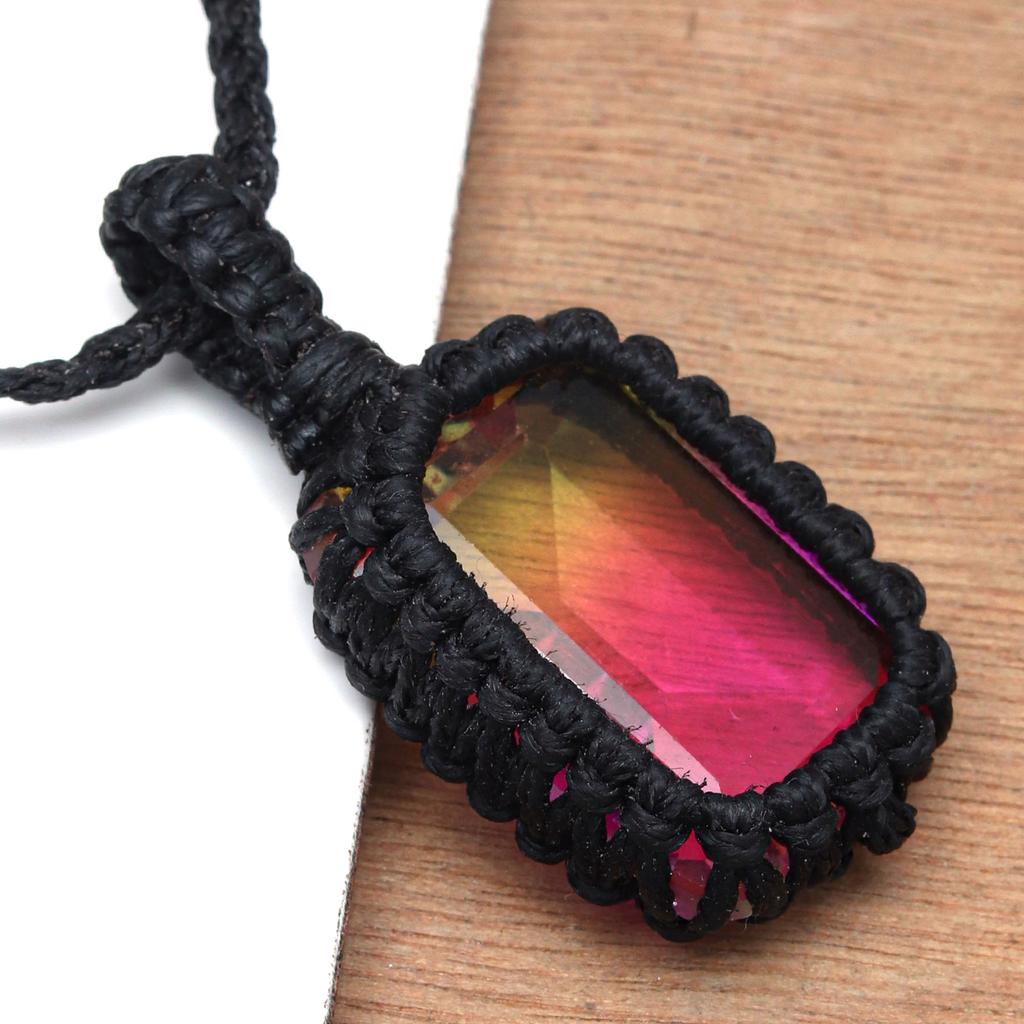 Macrame Necklace Handmade Tourmaline Natural Bohemian Quartz Thread Pendant