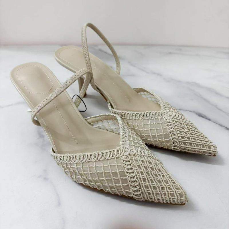 Fashion Pointed Toe High Heels Women Sandals Woven Mesh Design Slingbacks Summer Footwear Breathable Hollow Out Female Dress Shoes