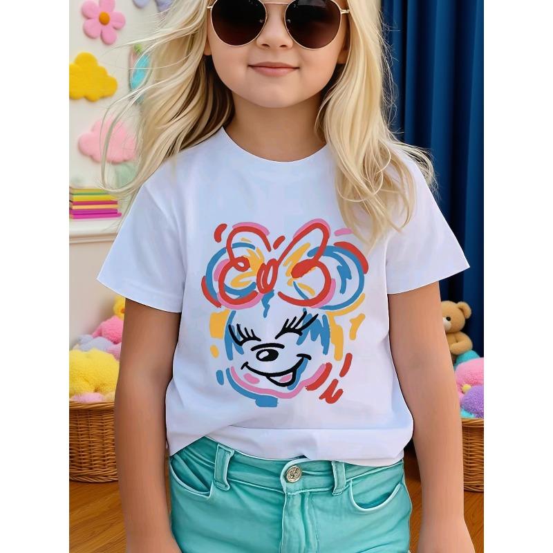 European Size Girls Round Neck Short Sleeved T Shirt with Cartoon Animal Letter Print 98cm