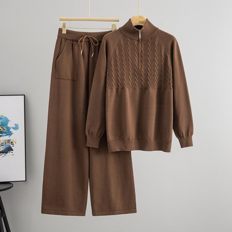 Autumn and Winter Semi-zipper Solid Color Sweater Knitted Femininity Versatile Sweater Wide-leg Pants Set