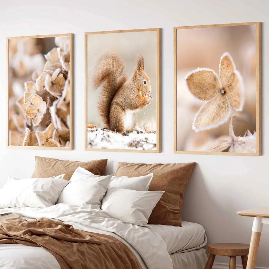 Snow Animals Leaves Forest Winter Nature Scenery Canvas Painting Wall Art Posters and Prints Living Room Bedroom Home Decor Gift