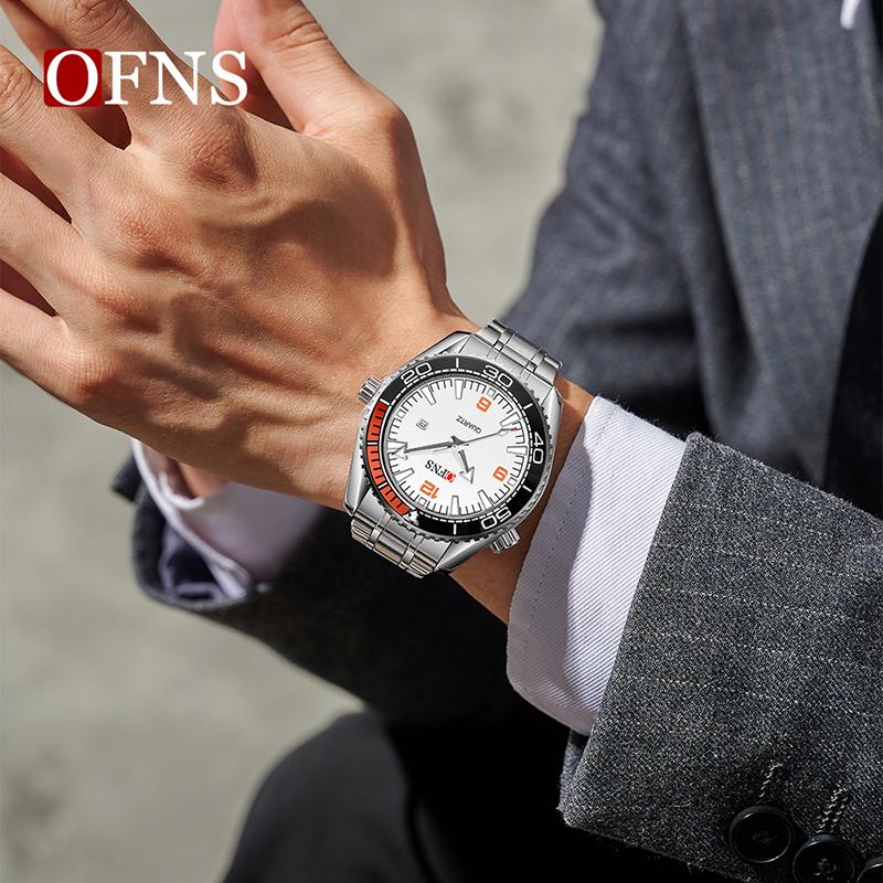 OFNS Top Brand New Man Simple Business Quartz Watch Calendar Luminous Waterproof Watch Fashion One-way Rotating Bezel Mens Watch