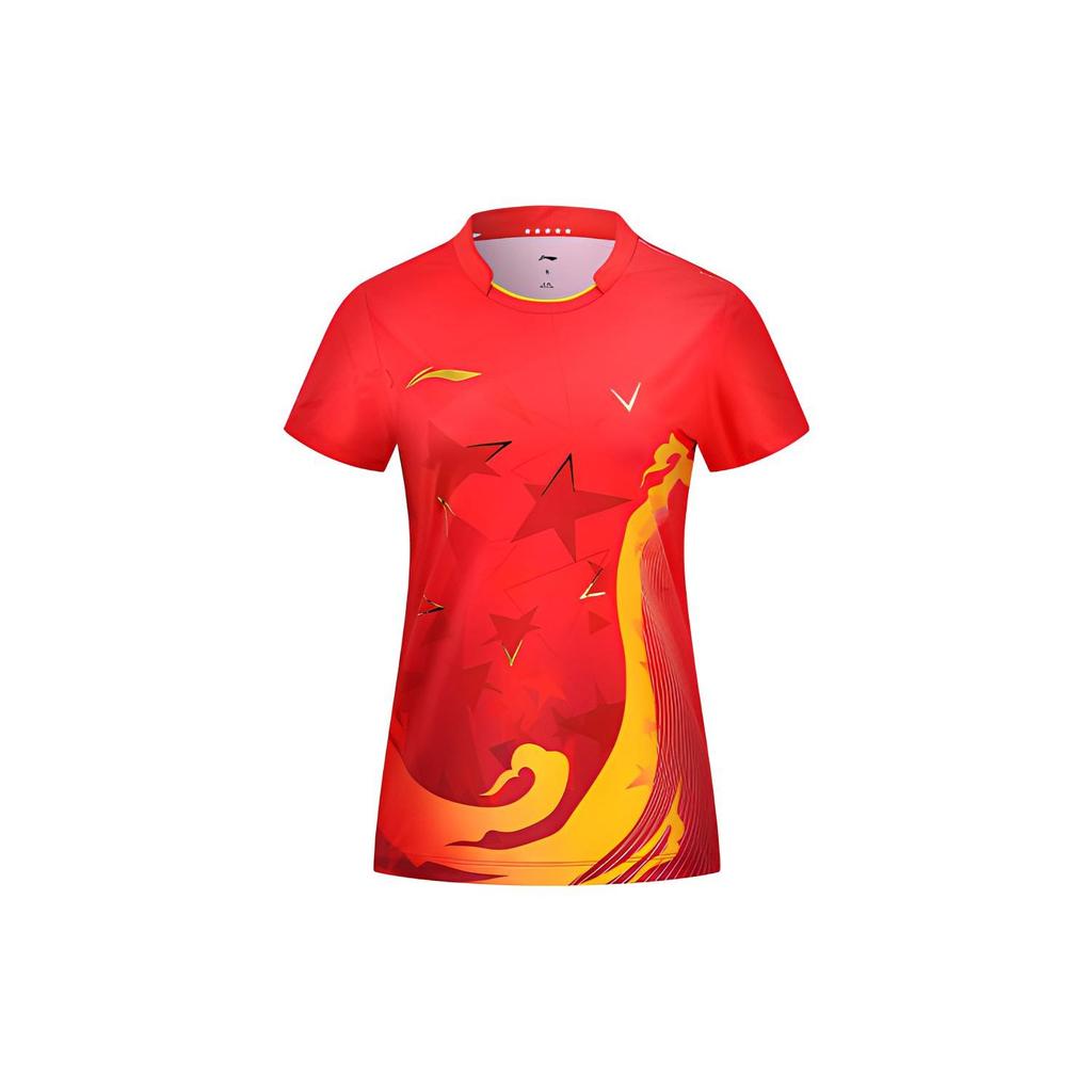Li Ning Starry Voyage Creative West Lake Element Quick-Dry Cool Competition Short Sleeve T-Shirt Men Tops Crimson AAYS256-1