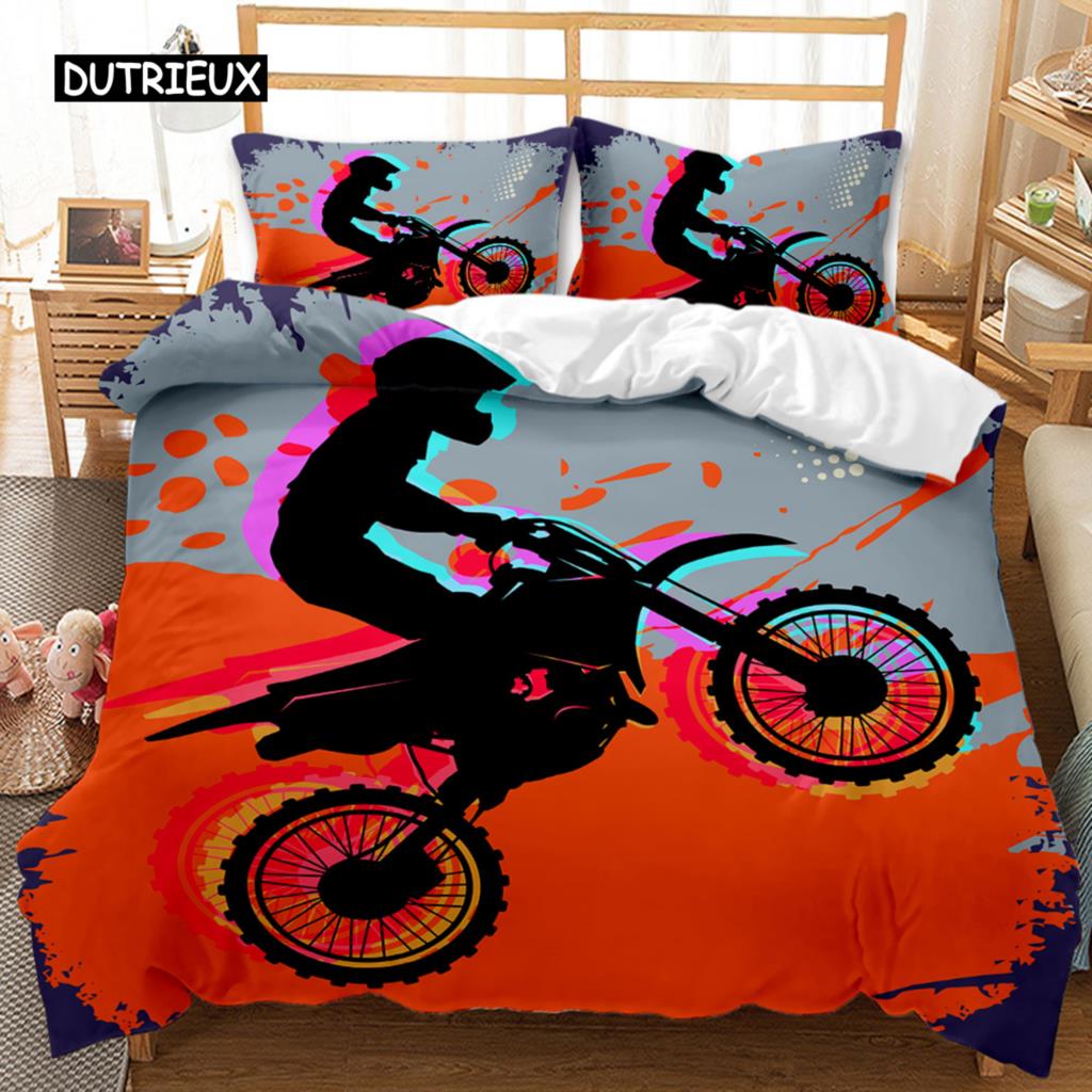 Motorcycle Duvet Cover Set Motocross Racing Bedding Dirt Bike Extreme Sports for Men Teens Boys Kids Polyester Comforter Cover