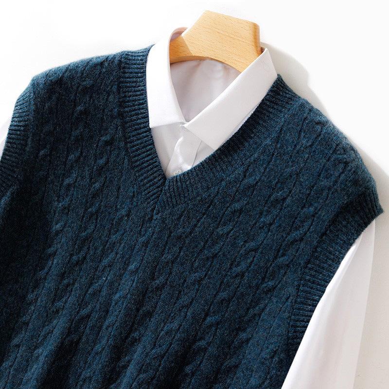 Men's Wool V-neck Sleeveless Cashmere Knit Vest - Business Formal, Loose Fit, Autumn/Winter Style