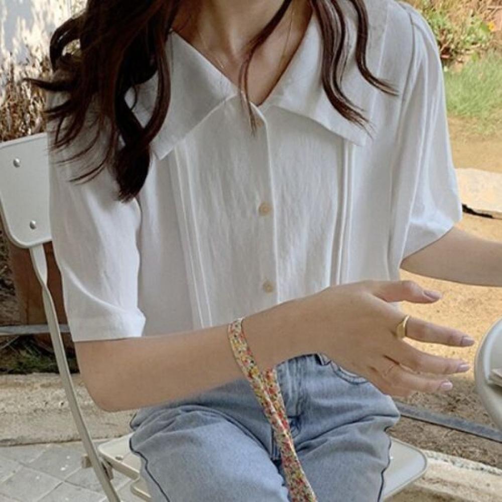 Navava Women Retro Romantic Sheering Big Collar Short Sleeve Blouse Shirt Nb3085