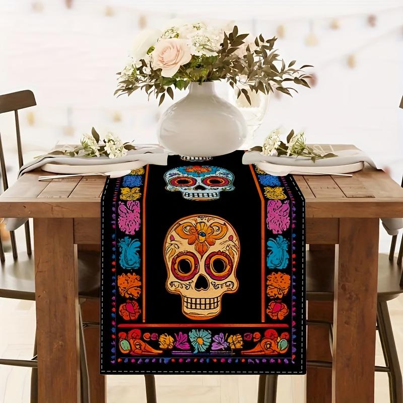 Mexican Day of The Dead Linen Table Runner Home Decor Mexico Sugar Skull Floral Dia De Los Muertos Table Runner Party Decoration