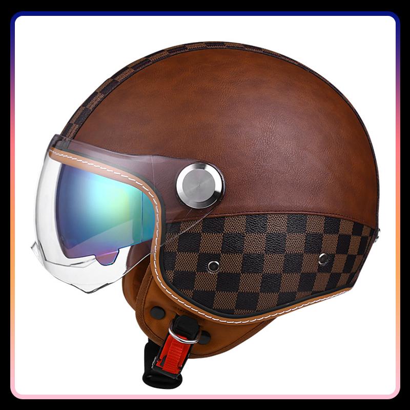 Daul Lens Open Face Motorcycle Helmets Leather Retro 3/4 Jet Moto Helmet with Double Visor Safety Riding 3/4 Half Helm DOT