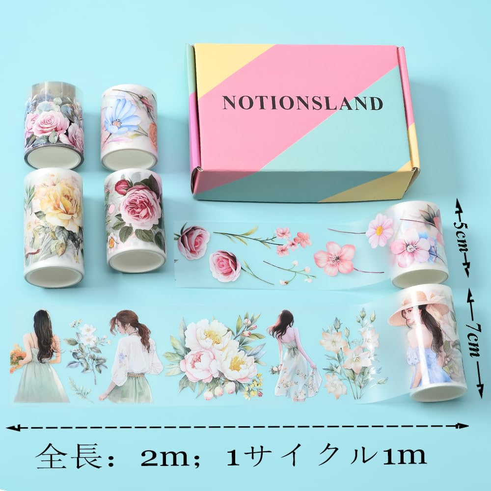 NOTIONSLAND Masking Cute and Beautiful Flower Girl Planner Washi Transparent PET Wide Width Rolls Gift Tape, Design, DIY, Paper, Tape, (4 Box)