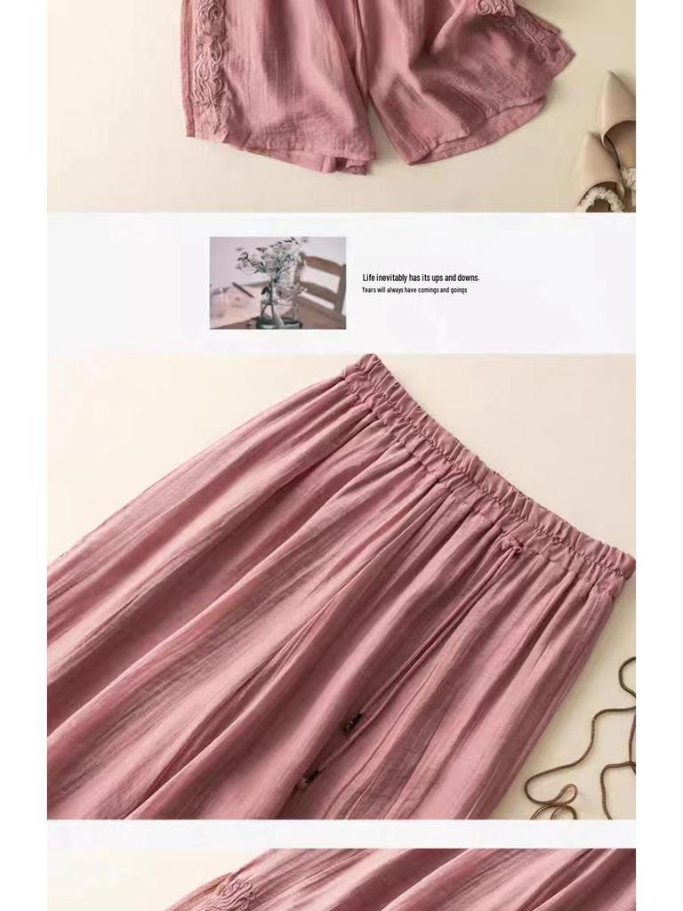 Retro Embroidered Tencel Wide-Leg Pants - Women’s High-Waist Summer Casual with Slit Tassel Details.