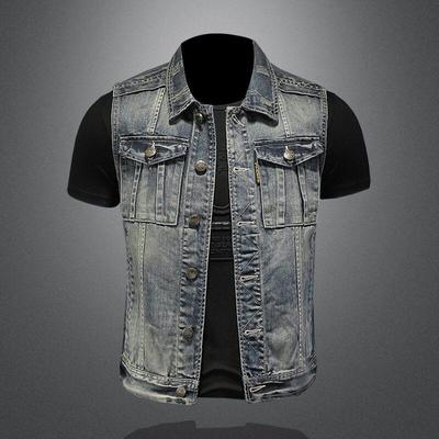Vintage Distressed Jeansweste + Herren + große ärmellose Slim-Fit-Jeansweste MJ5171
