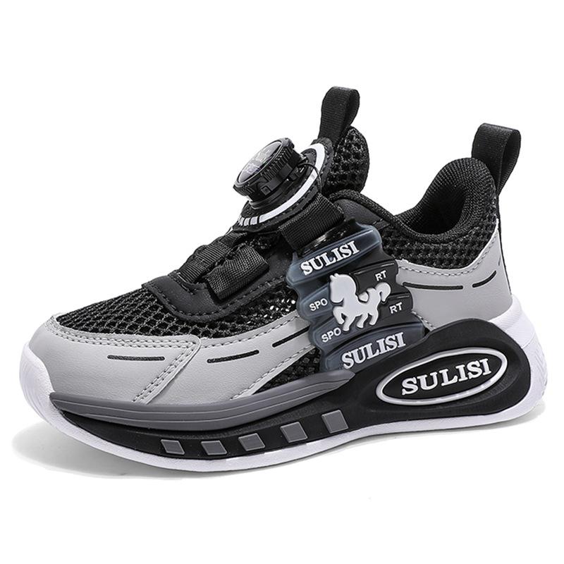 Boys' shoes New children's sports shoes Medium and older children's rotating buckle single mesh breathable mesh running shoes