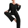 2Pcs/Set Women Pajamas Set V-Neck Long Sleeve Lace Trim Tops Elastic Waist Long Pants Set Solid Color Ribbed Sleepwear