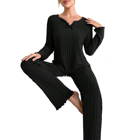 2Pcs/Set Women Pajamas Set V-Neck Long Sleeve Lace Trim Tops Elastic Waist Long Pants Set Solid Color Ribbed Sleepwear