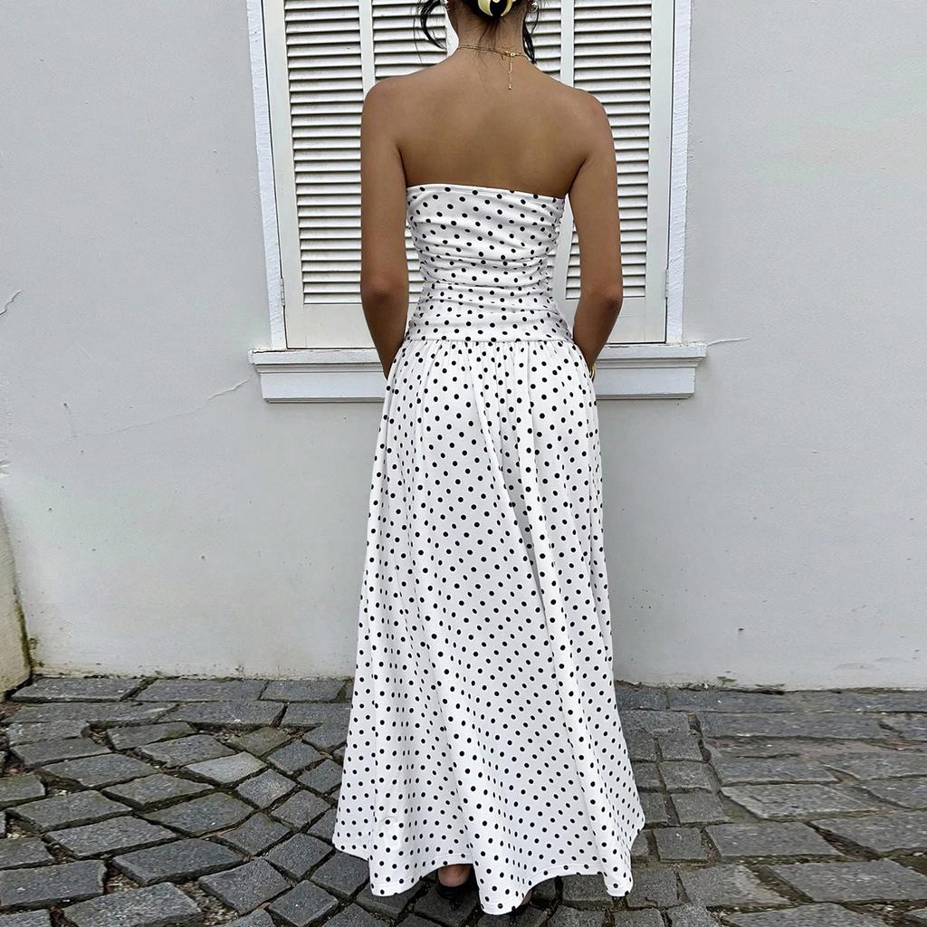 Rochie elegantă de seară pentru femei, cu buline, cu umerii goi, linie A, subțiază talia