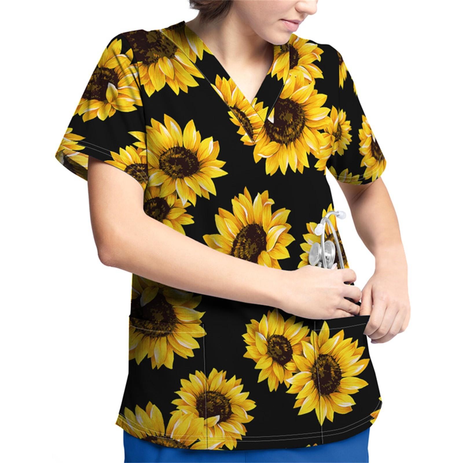 

Рабочая форма больших размеров с принтом, топы для женщин, футболки с v-образным вырезом и короткими рукавами, рабочая одежда, футболка с карманами L чёрный