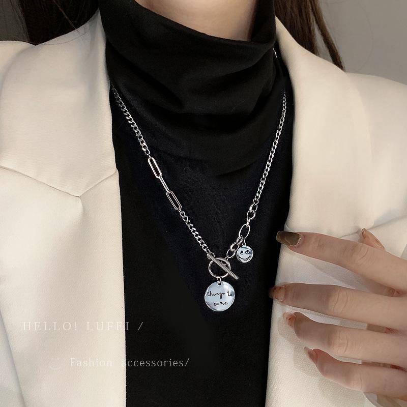 2025 Trendy Smiley Face Sweater Chain: Women's Titanium Steel Letter Necklace for Autumn/Winter