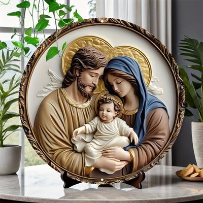 Round Wooden Jesus Holy Family Sign, Vintage-Inspired Jesus Birth Plaque, Perfect Decor for Home, Office, and Holiday