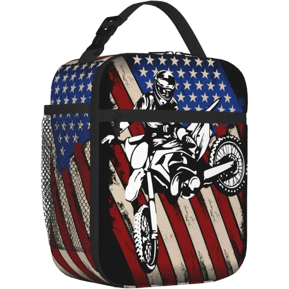 Motorcross American Flag Lunch Bag for Mens Womens Insulated Reusable Lunch Box with Adjustable Shoulder Strap