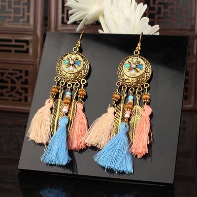 Bohemian Leaf Tassel Earrings for Women Vintage Round Wood Bead Antique Gold Color Alloy Earrings Vacation Party Wedding Jewelry