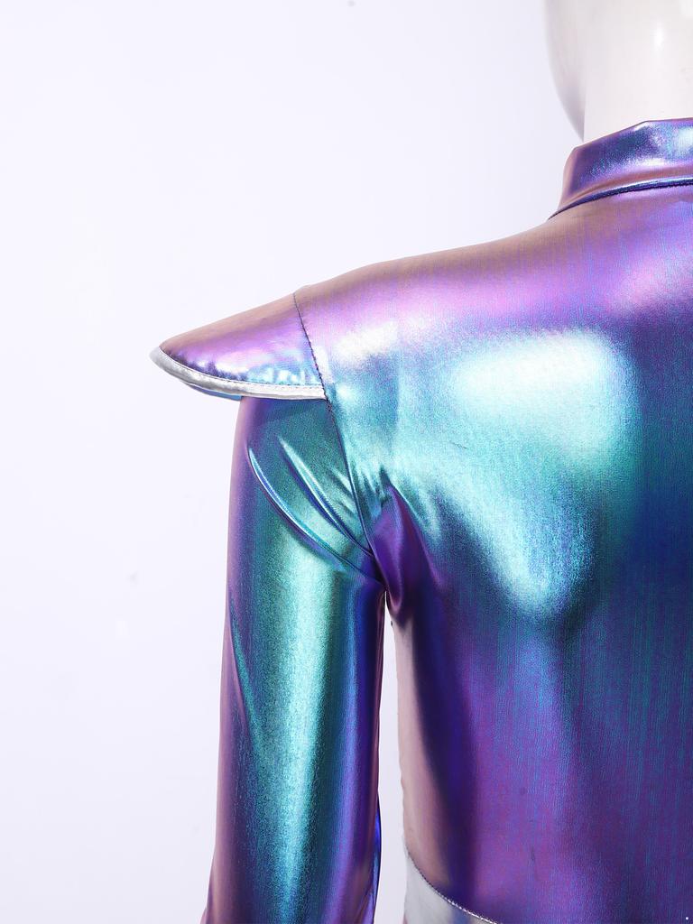 Womens Shiny Sequins Jumpsuit Long Sleeve Structured Shoulder Pads Front Zipper Short Bottoms Rompers