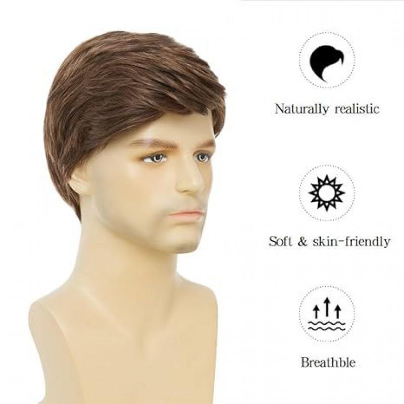 Mens Fashion Short Wig Brown Side Part Straight High Temperature Fiber Hairpiece Daily Wear