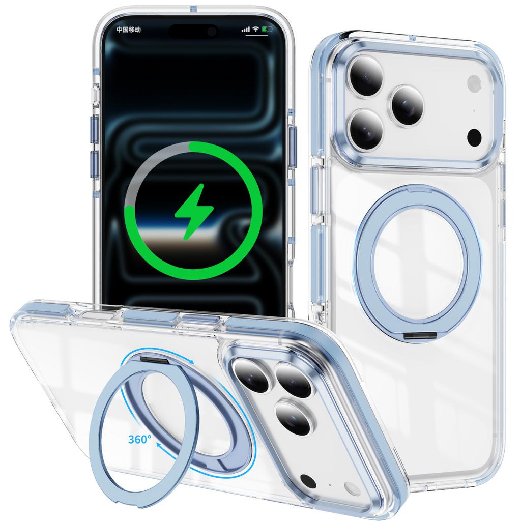 For iPhone 17 Pro Case Compatible with MagSafe Rotating Kickstand Shockproof TPU PC Acrylic Clear Phone Back Cover