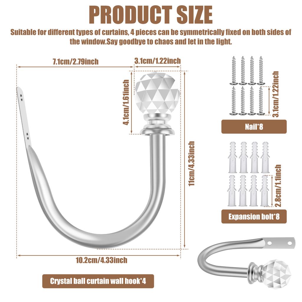 4Pcs Curtain Holdbacks Decorative Metal Curtain Tie Back with Acrylic Crystal Ball Curtain Pull Back Living Room Bedroom Decor