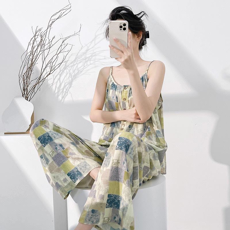 Summer thin cotton and silk suspender skirt women's loose printed loungewear dress can be worn outside lazy style pajama set