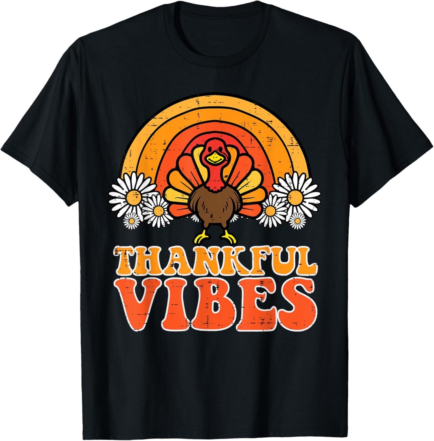 Thankful Vibes Turkey Rainbow Funny Retro Design Unisex T-Shirt S разноцветный